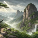 Hiker asking a guide about a unique rock formation on a scenic Korean mountain hiking trail.