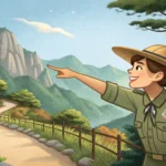 Illustration of a hiker asking a park ranger about trails in a Korean national park, with a scenic m...