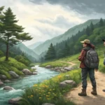 Two hikers discussing a portable water filter on a beautiful Korean mountain trail next to a stream,...