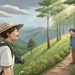 A tourist asks a local hiker for directions on a scenic Korean mountain trail, pointing towards a si...
