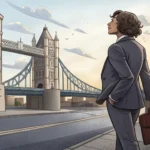 Illustration of a person in business attire looking towards the Seoul skyline, representing job seek...