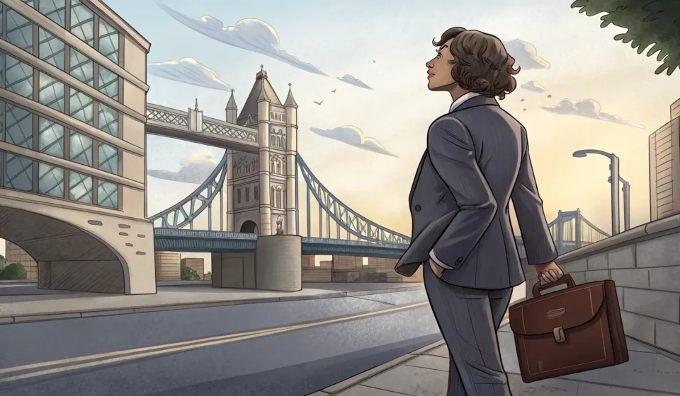 Illustration of a person in business attire looking towards the Seoul skyline, representing job seek...