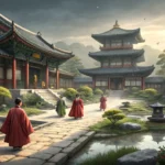 Figures in traditional Korean Hanbok stand within a majestic Joseon Dynasty royal palace courtyard,...