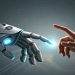 A robot hand and a time traveler's hand point at digital glitches on an ancient Korean scroll, symbo...