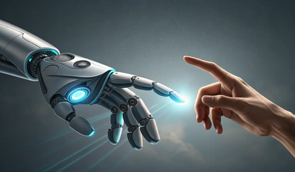 A robot hand and a time traveler's hand point at digital glitches on an ancient Korean scroll, symbo...