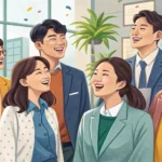 Illustration depicting a cheerful Korean Hoesik (workplace dinner) with colleagues toasting drinks a...