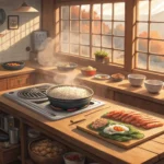 Baking ingredients like flour, eggs, and fruit laid out on a counter in a cozy Korean-style kitchen,...