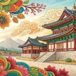 Illustration symbolizing Korean traditional holidays (Myeongjeol), showing colorful patterns, a Hano...