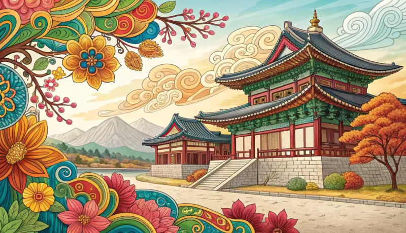 Illustration symbolizing Korean traditional holidays (Myeongjeol), showing colorful patterns, a Hano...