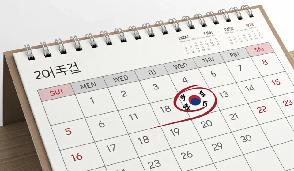 Stylized Korean calendar highlighting a date, symbolizing learning about the meaning of Korean natio...