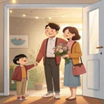 Illustration of a friendly Korean host family welcoming someone at the door of their home, represent...