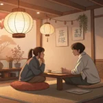 Two students studying together in a cozy Korean home setting, one looking confused at a laptop showi...
