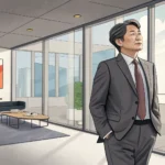 Illustration depicting a Korean office worker looking out a window at a view blending Seoul cityscap...
