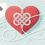 Stylized heart icon with a Korean knot detail, symbolizing learning Korean medical terms like 'Hyper...