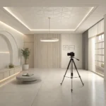Brightly lit interior of a modern Korean photo studio with a professional camera on a tripod, repres...