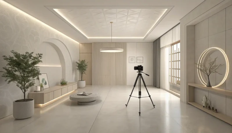 Brightly lit interior of a modern Korean photo studio with a professional camera on a tripod, repres...
