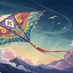 A traditional Korean kite flies high against a dramatic sky with stylized storm clouds gathering ove...