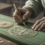 Small hands carving traditional Korean patterns onto stone, surrounded by magical light, illustratin...