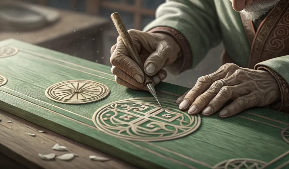 Small hands carving traditional Korean patterns onto stone, surrounded by magical light, illustratin...