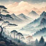 Stylized image blending a traditional Korean ink wash landscape painting of mountains and pines into...