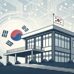Abstract graphic representing Korean Innobiz certification, showing a modern building silhouette and...