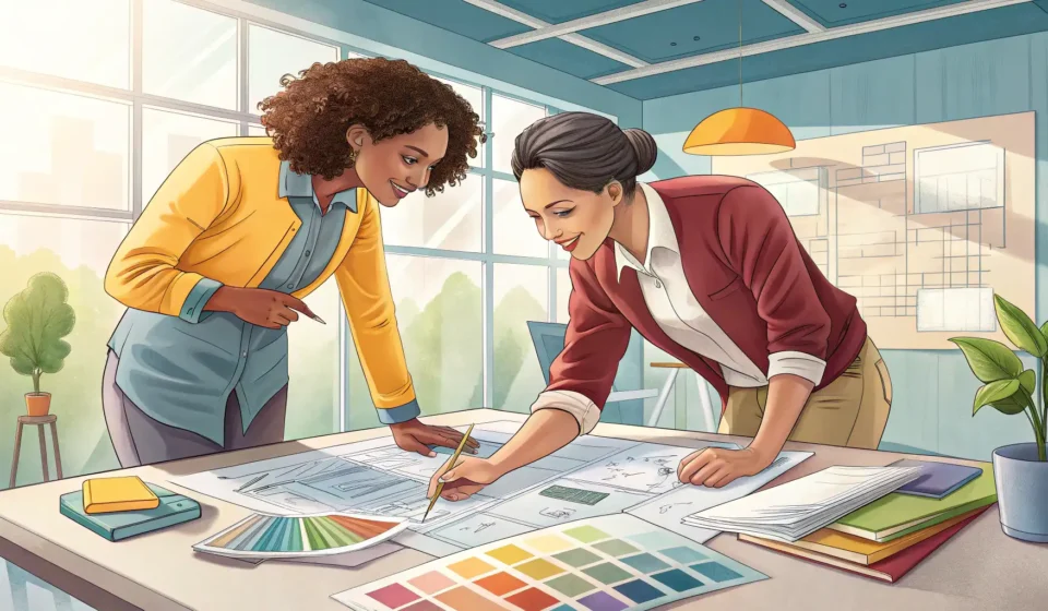 Two people reviewing interior design blueprints and color samples in a modern Korean home setting, r...