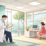 Illustration of a modern, clean Korean doctor's office interior, symbolizing a visit to internal med...