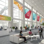 Diverse attendees registering and networking at a bright, modern international conference hall, repr...