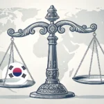 Scales of justice balanced over a globe highlighting South Korea, symbolizing the Korean legal conce...