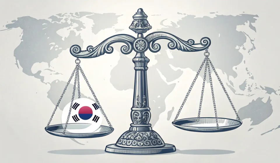 Scales of justice balanced over a globe highlighting South Korea, symbolizing the Korean legal conce...