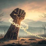 Stylized image symbolizing overcoming internet addiction, showing a hand breaking free from digital...