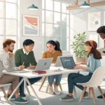 Young professionals collaborating in a modern office overlooking the Seoul skyline, representing see...