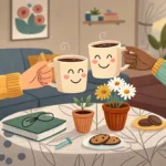 Illustration of two hands clinking coffee mugs in a warm Korean cafe, symbolizing inviting someone t...