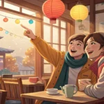 Two friends in a cozy Korean cafe setting, excitedly discussing joining a baking class, illustrating...