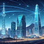 Futuristic Seoul skyline illuminated by glowing digital network lines, representing the advanced Kor...