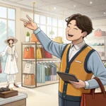 Illustration depicting a shopper interacting with a clerk about winter jackets potentially on sale i...