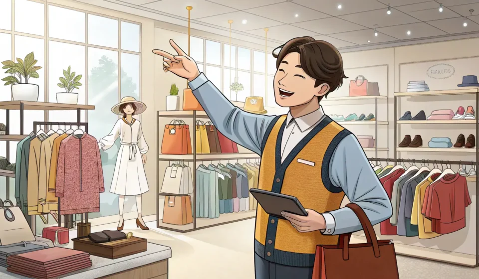 Illustration depicting a shopper interacting with a clerk about winter jackets potentially on sale i...