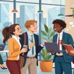 Illustration depicting diverse job seekers engaging with recruiters at a bright Korean company recru...