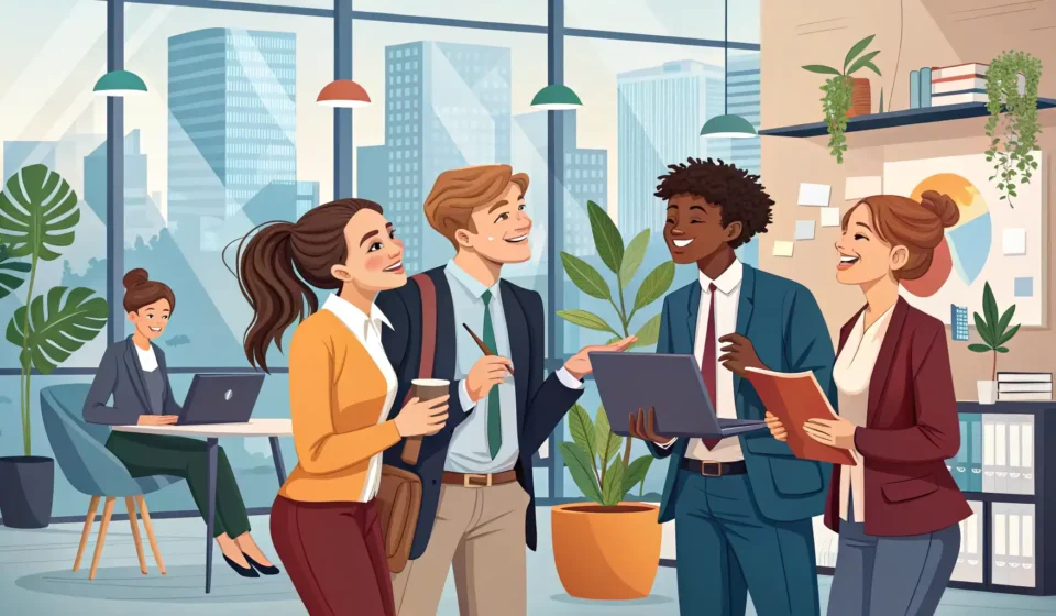 Illustration depicting diverse job seekers engaging with recruiters at a bright Korean company recru...