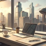 Professional desk with resume papers and notebook overlooking a blurred Seoul skyline, symbolizing K...