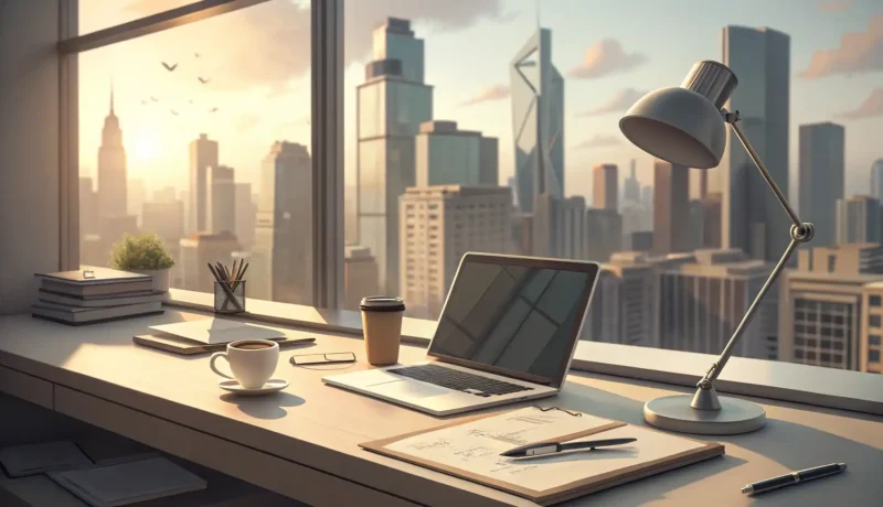Professional desk with resume papers and notebook overlooking a blurred Seoul skyline, symbolizing K...