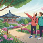 Illustration showing two friends debating between two different jogging paths in a Korean park, symb...