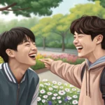 Two young Korean friends laughing together, one playfully gesturing at the other, evoking a humorous...