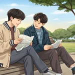 Illustration of two young Korean friends laughing together; one holds a crumpled paper, symbolizing...