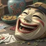 A traditional Korean laughing mask sits beside scattered plumbing tools and a broken sink pipe, symb...