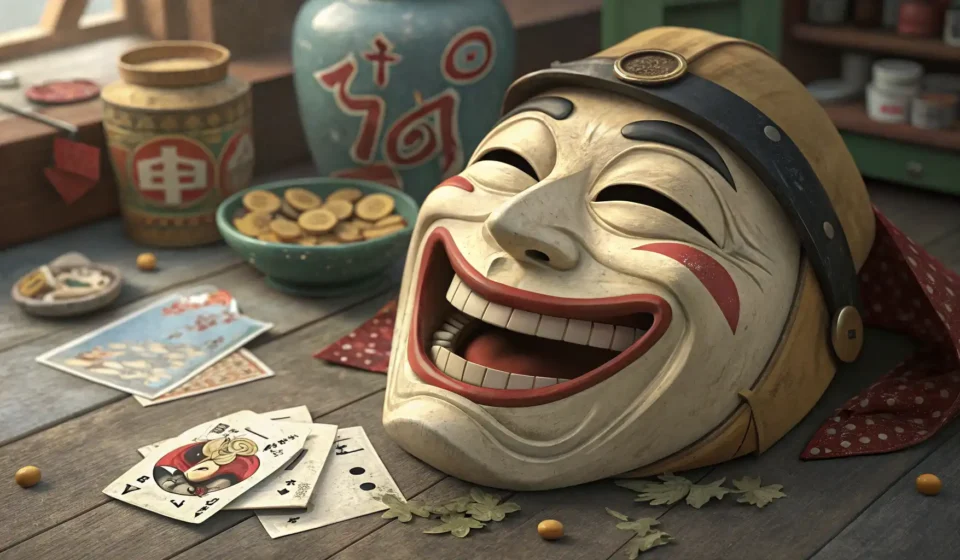 A traditional Korean laughing mask sits beside scattered plumbing tools and a broken sink pipe, symb...
