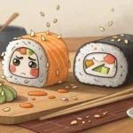 Stylized illustration contrasting a funny, messy homemade sushi roll with a perfect one, symbolizing...