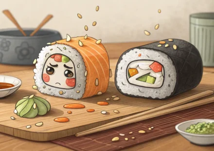 Stylized illustration contrasting a funny, messy homemade sushi roll with a perfect one, symbolizing...