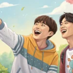 Illustration showing two Korean friends laughing together over a failed home bike tire repair attemp...