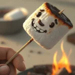 Illustration of a hilariously burnt marshmallow on a skewer held indoors, representing a cooking fai...
